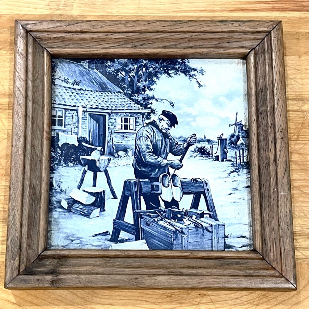 Vintage Framed Blue Delft Style Tile Wall Art – Shoemaker Scene